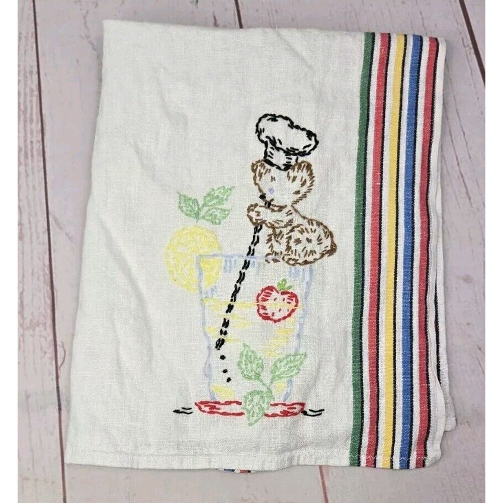 Vtg Embroidered Stripe Cotton Kitchen Tea Towel Baker Bear Drinking with Straw